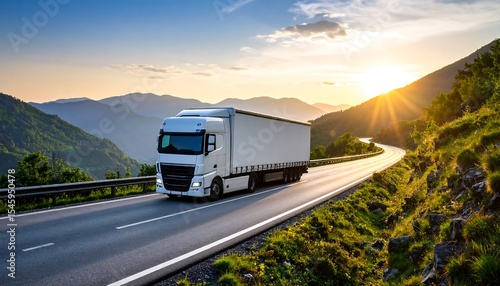 Truck driving on mountain road at sunset.