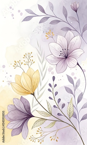 Elegant watercolor floral design featuring purple and yellow flowers
