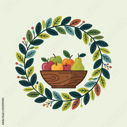 Wooden Bowl of Apples Pears Green Leaf Wreath fruit bowl