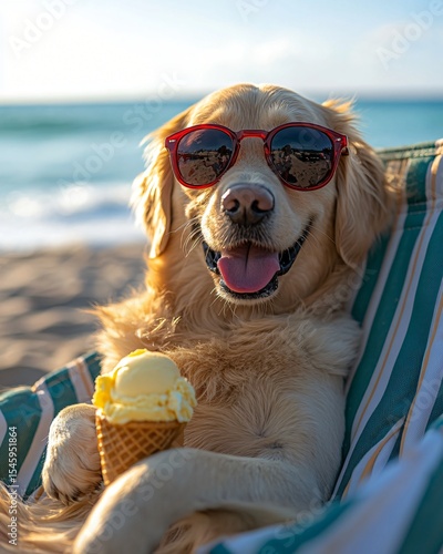 Dog relaxing on beach chair with ice cream and sunglasses