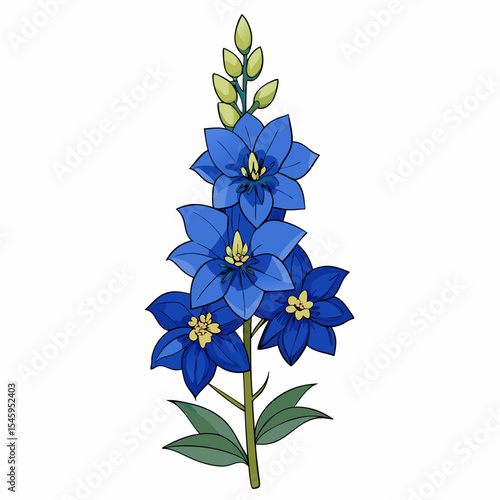 Vibrant blue delphinium flower illustration on white background