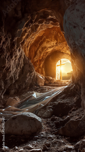Easter morning, empty tomb of Jesus tomb open stone cave, bath in sunlight.