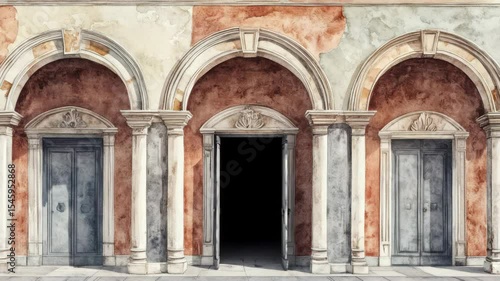 Wallpaper Mural Three arched doorways with a stone wall in the background. The doors are all closed. The arches are painted in a light blue color Torontodigital.ca