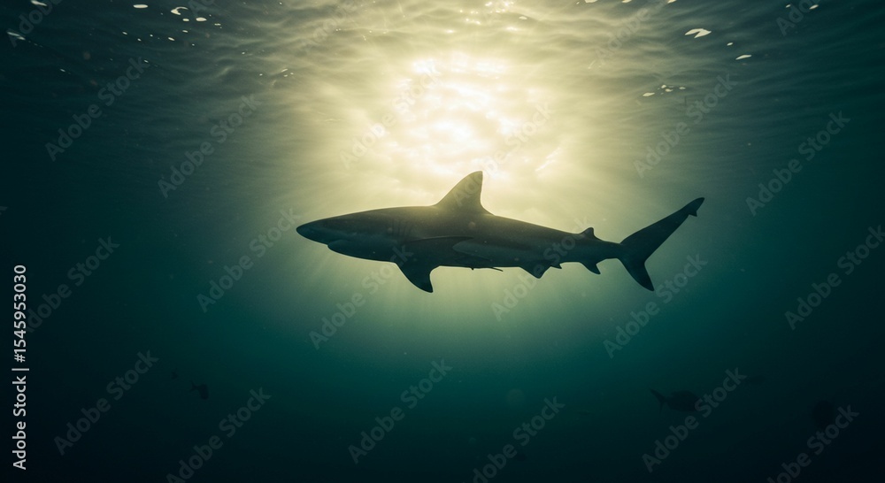 Fototapeta premium Shark silhouette underwater light