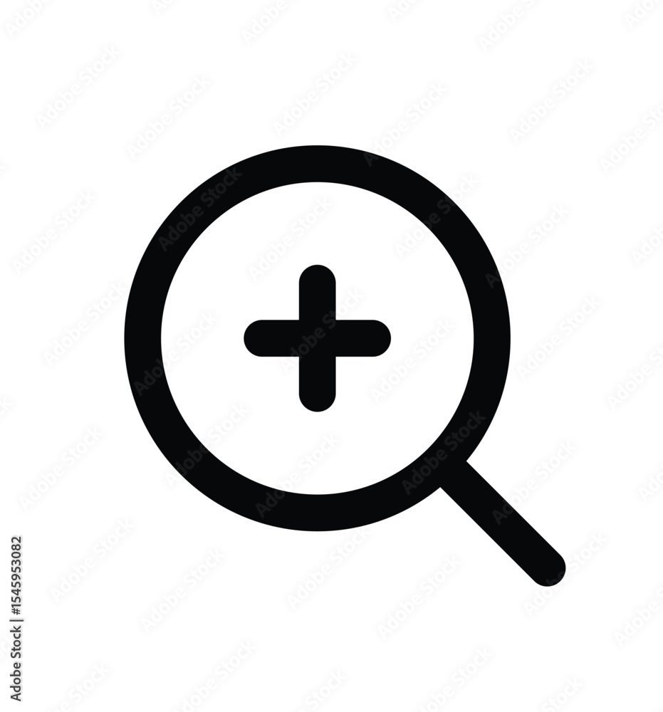 Fototapeta premium A round, glossy web icon featuring a vector 3D illustration of a magnifying glass with a plus sign, symbolizing addition or zoom