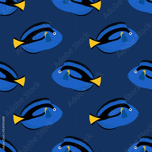 Blue surgeonfish. Seamless pattern with tropical fish on blue background. For ocean-themed textiles, wallpapers and packaging, postcards or covers.