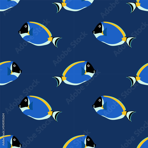 Blue surgeonfish. Pattern with tropical fish on blue background. For ocean-themed textiles, wallpapers and packaging, postcards or covers.