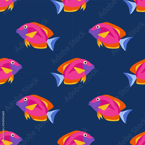 Multicoloured bright sea or ocean fish pattern. Tropical fish on blue background. For ocean-themed textiles, wallpapers and packaging, postcards or covers.