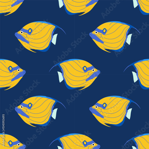 Yellow striped fish. Pattern with tropical fish on blue background. For ocean-themed textiles, wallpapers and packaging, postcards or covers.