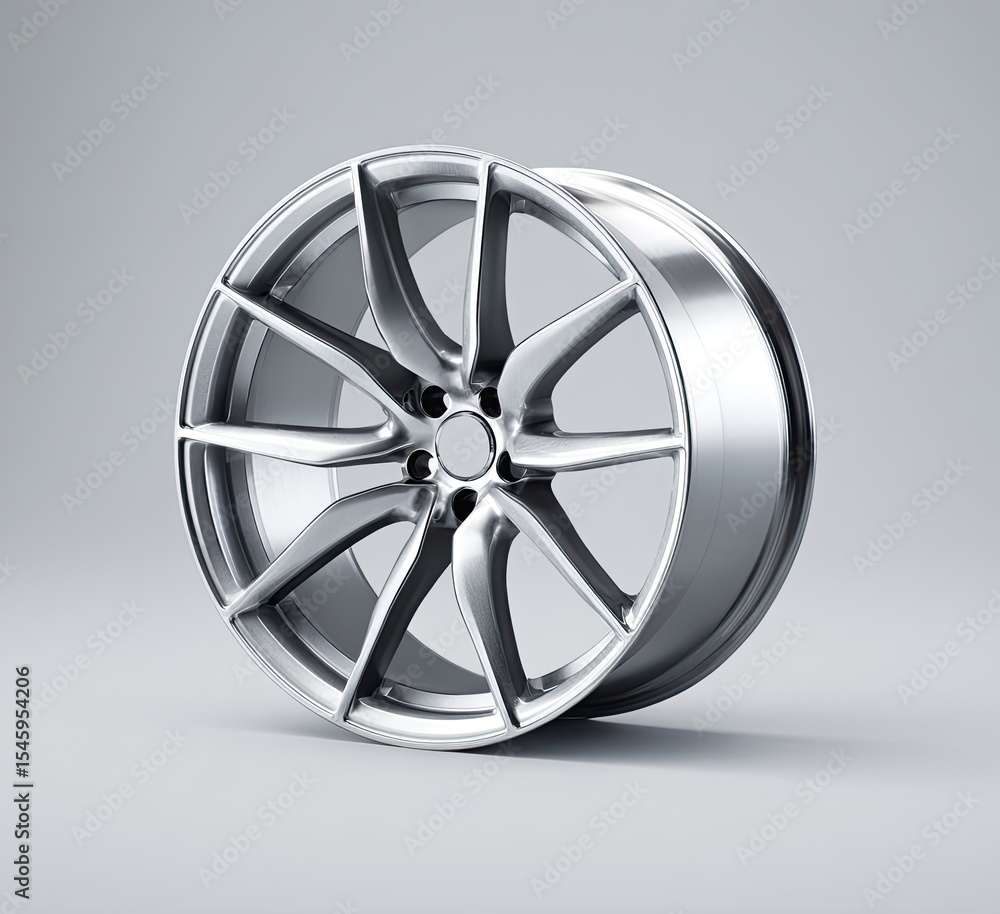 Fototapeta premium Sleek, silver alloy wheel with a multi-spoke design, showcasing a polished, metallic finish against a neutral backdrop