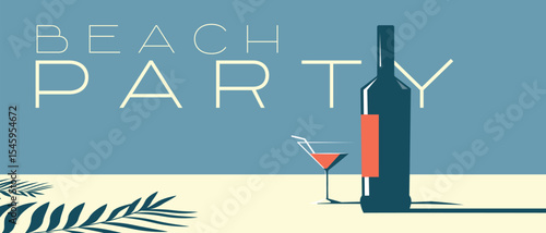 Party on a summer terrace, palm leaves, shadow, bottle of alcohol, glass. Flat style poster for a restaurant, martini, cocktail, drink, wine