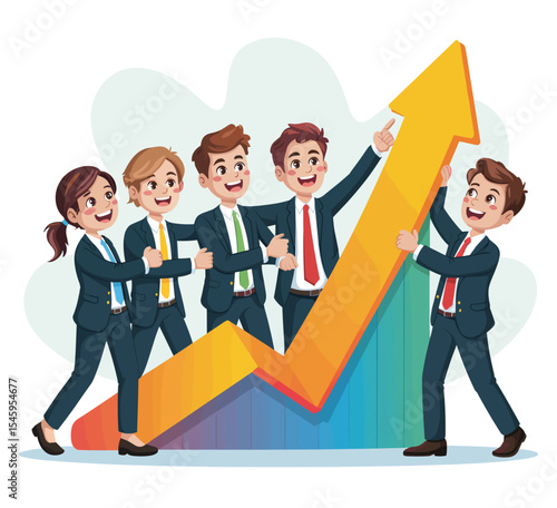 Team of business people raising an arrow graph together showing positive growth and collaboration success