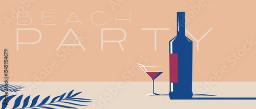 Beach party, illustration bottle of alcohol, glass, palm tree, objects cast shadow. For bar banner design, festival, kitchen design, red wine, chardonnay, merlot