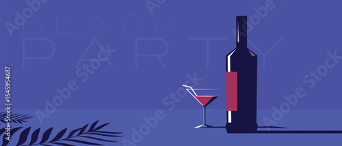 Flet illyustratsiya butylka alkogolya, bokal, ten' ot list'yev pal'my. Podoydot dlya illyustratsii bannera restorana, poster vinnogo bara, plyazhnaya vecherinka, magazin vin. Krasnoye vino, shardone