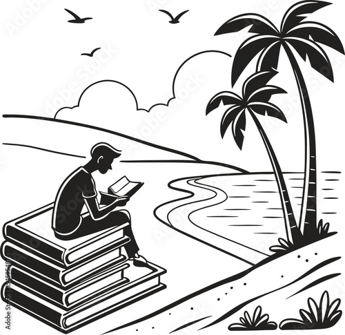 A man relaxes in a hammock under a palm tree on a tropical beach at sunset, embodying the perfect summer vacation paradise