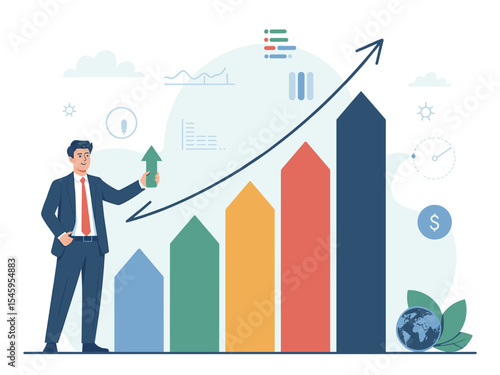 Businessman presenting upward trending bar graph with arrow indicating growth and progress shown here