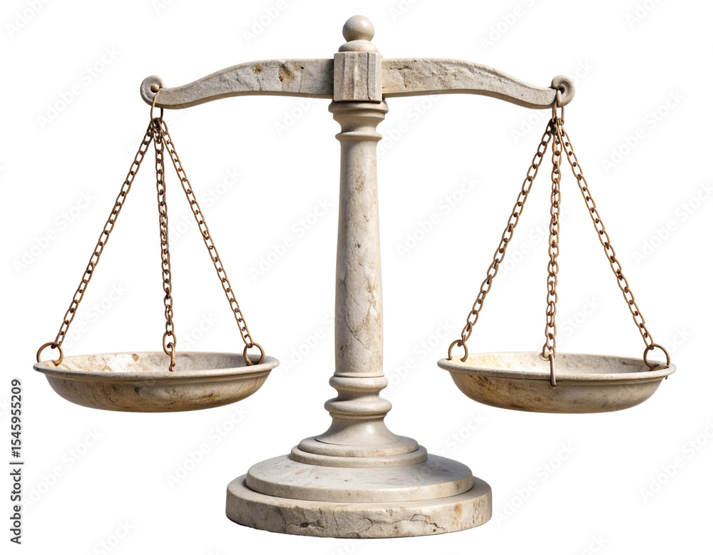 Stone Carved Justice Scale with Weathered Texture and Cracked Marble Base, Angled View, Isolated PNG Stone Carved Justice Scale with Weathered Texture and Cracked Marble Base, Angled View, Isolated PNG