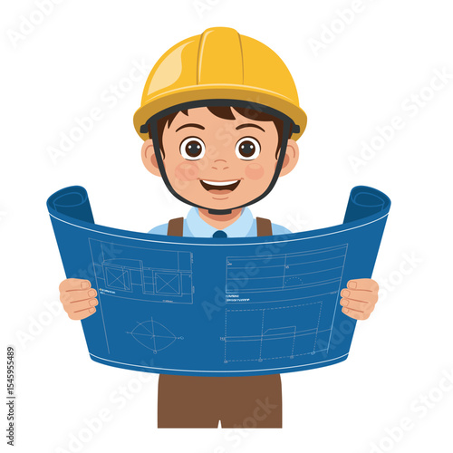 Cartoon girl in construction hat holding blueprint with a happy expression on a white background