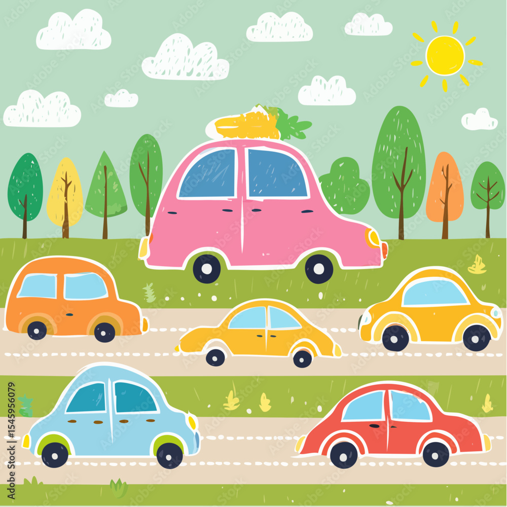 Naklejka premium Crayon drawn naive funky kid cars collection