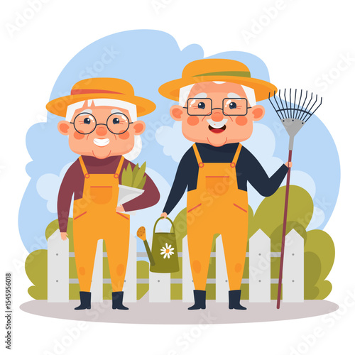 Happy elderly couple gardening outdoors. Senior man and woman in hats and overalls holding rake, plant, and watering can. Cartoon vector illustration on farm or backyard