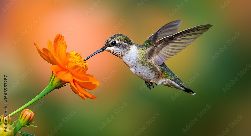 Fototapeta premium A beautiful hummingbird, wings outstretched, hovers in mid-flight, its beak reaching for a bright orange marigold flower.