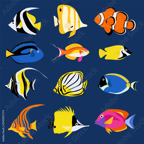 Set of colorful tropical fish illustrations in flat style. Ideal for educational materials, marine designs, and aquarium-themed projects.