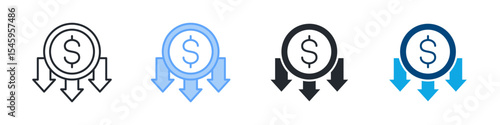 Decrease Icon Set Multiple Style. Design In Outline, Blue, Glyph, Dual Tone