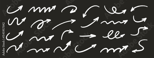 Arrow set. Crayon, charcoal, pastel, chalk hand drawn freehand white elements, doodle style stroke. Sketch pencil grunge textured wave arrows, direction pointers, and curved lines. Vector illustration