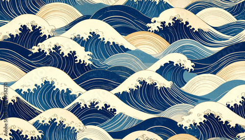 浮世絵風の力強い波が繰り返す和柄デザイン