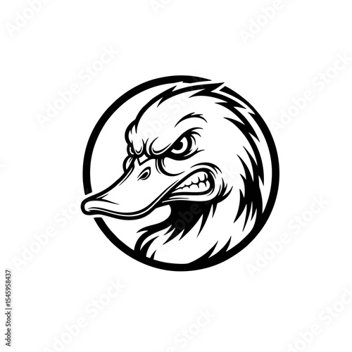 Aggressive Angry Duck Logo, Duck Head Inside a Circle Emblem, Simple Line Art