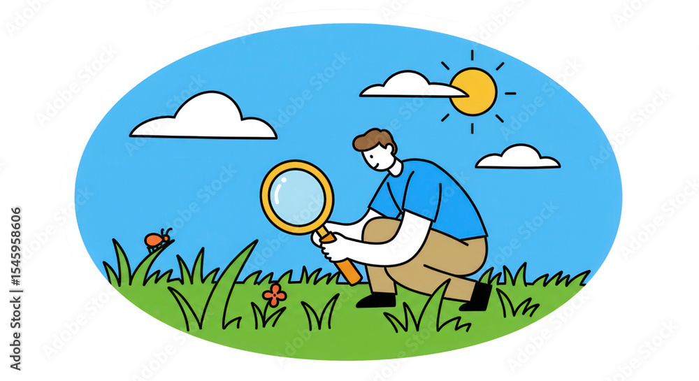 Fototapeta premium Curious Person Exploring Nature with Magnifying Glass Illustration