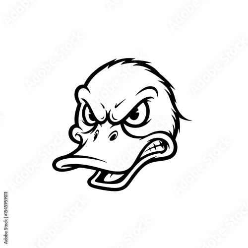 Modern Angry Duck Logo, Headshot of Duck With Intense Expression, Thick Black Lines