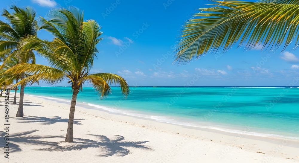 Obraz premium Palm trees on a white sand beach with turquoise water under a bright blue sky on a sunny day