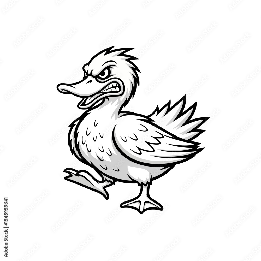 Fototapeta premium Fierce Duck Mascot Logo, Angry Duck With Spiky Feathers and Aggressive Expression, Black and White Vector Art