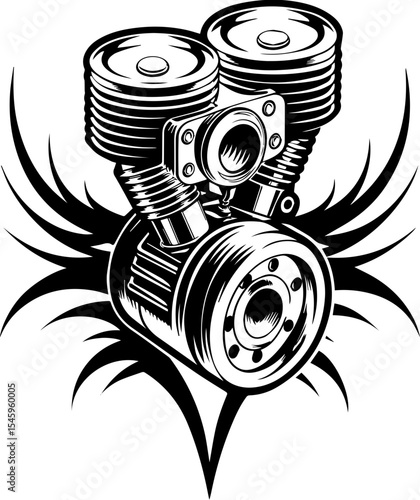 SVG illustration of bone engines merging skeletal forms with mechanical design. High-Detail Vintage Motorcycle Engine Illustration with Flames