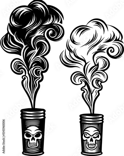 SVG illustration of bone engines merging skeletal forms with mechanical design. Smoke Patterns with Skull Design in Black and White Style
