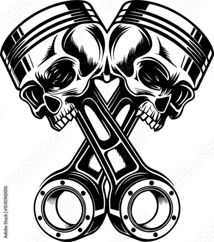 SVG illustration of bone engines merging skeletal forms with mechanical design. Powerful Skull and Piston Graphic Design for Automotive Enthusiasts