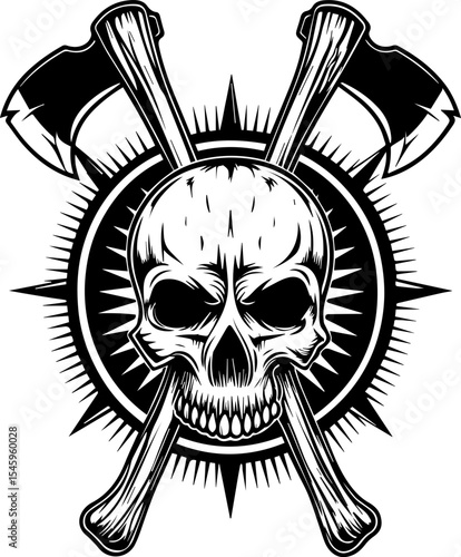 SVG illustration of bone engines merging skeletal forms with mechanical design. Skull and Axes Tattoo Design with Vintage Gothic Style Artwork