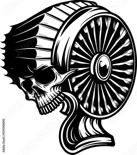 SVG illustration of bone engines merging skeletal forms with mechanical design. Skull Design with Fan Elements in Monochrome Style Art