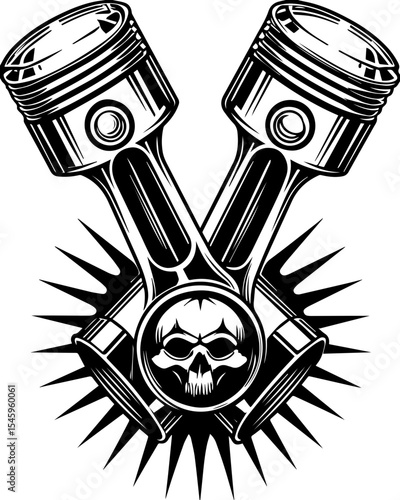 SVG illustration of bone engines merging skeletal forms with mechanical design. Crossed Engine Pistons with Skull and Spikes in Vintage Style Design