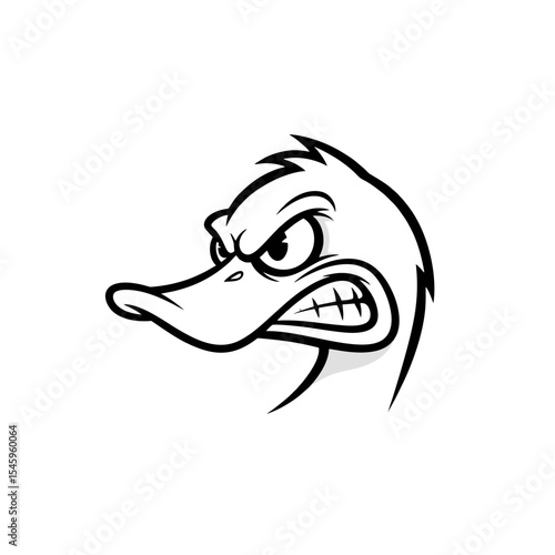 Minimalist Angry Duck Logo, Front-facing Duck With Angry Eyes and Sharp Beak, Simple Black Line Art