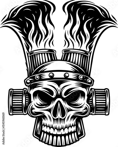 SVG illustration of bone engines merging skeletal forms with mechanical design. Vintage Style Skull Design With Flames and Industrial Elements