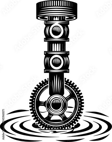 SVG illustration of bone engines merging skeletal forms with mechanical design. Black and White Gear and Mechanical Element Above Water Surface