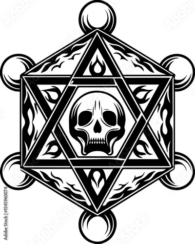 SVG illustration of bone engines merging skeletal forms with mechanical design. Intricate Skull Design with Star and Flame Motifs in Black and White