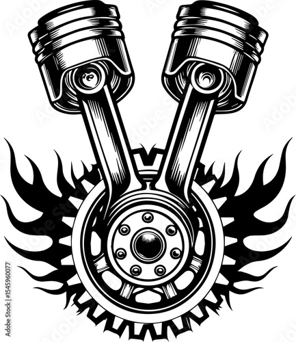 SVG illustration of bone engines merging skeletal forms with mechanical design. Engine Piston Graphic with Flames and Gear Design for Creative Use