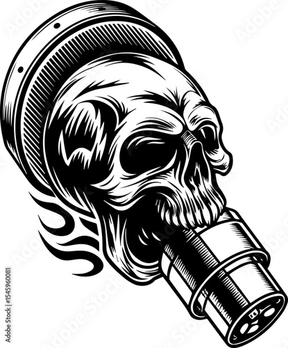 SVG illustration of bone engines merging skeletal forms with mechanical design. Skull Emerging from Exhaust Pipe in Bold Black and White Design