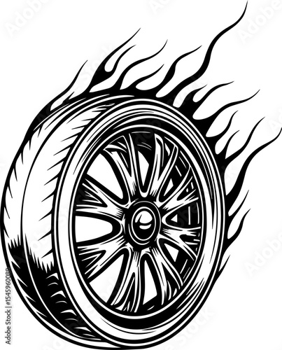 SVG illustration of bone engines merging skeletal forms with mechanical design. Flaming Tire Graphic with Stylish Wheel Design and Flames