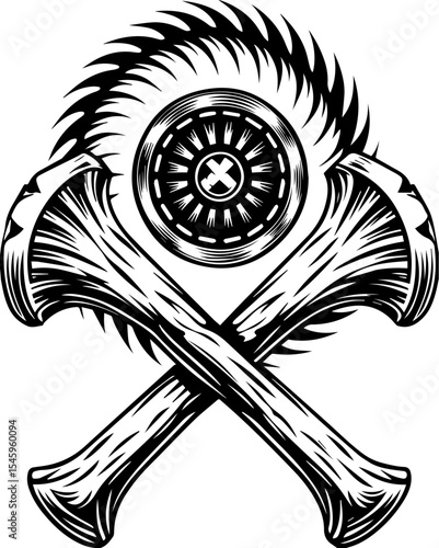 SVG illustration of bone engines merging skeletal forms with mechanical design. Artistic Illustration of Crossed Axes and Circular Saw Blade Design