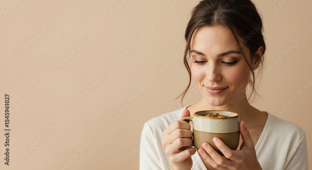 Young woman enjoying a warm beverage while smiling indoors Young woman enjoying a warm beverage while smiling indoors
