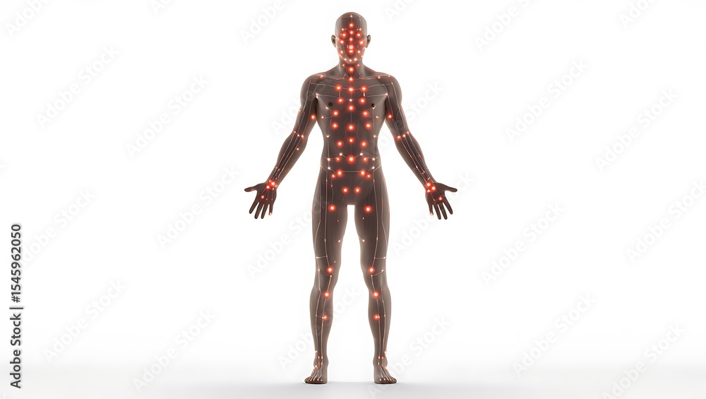 3D model of male body with glowing red acupuncture points 3D model of male body with glowing red acupuncture points